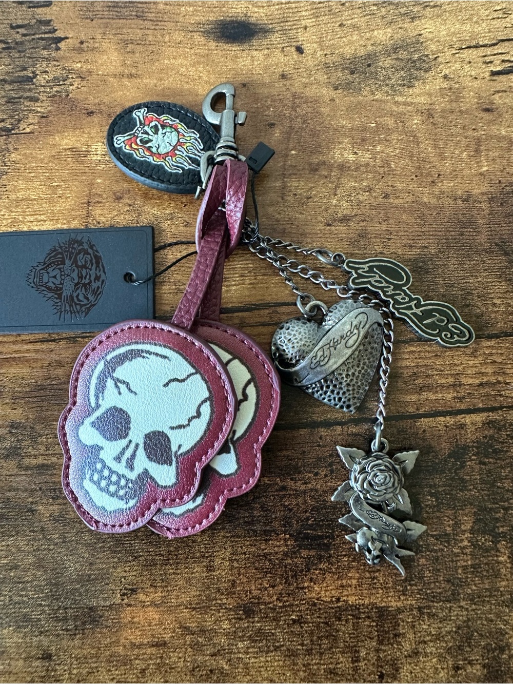 Ed Hardy Burgundy & White Skull Bag Charm Metal Logo Heart & Flower Charms NWT